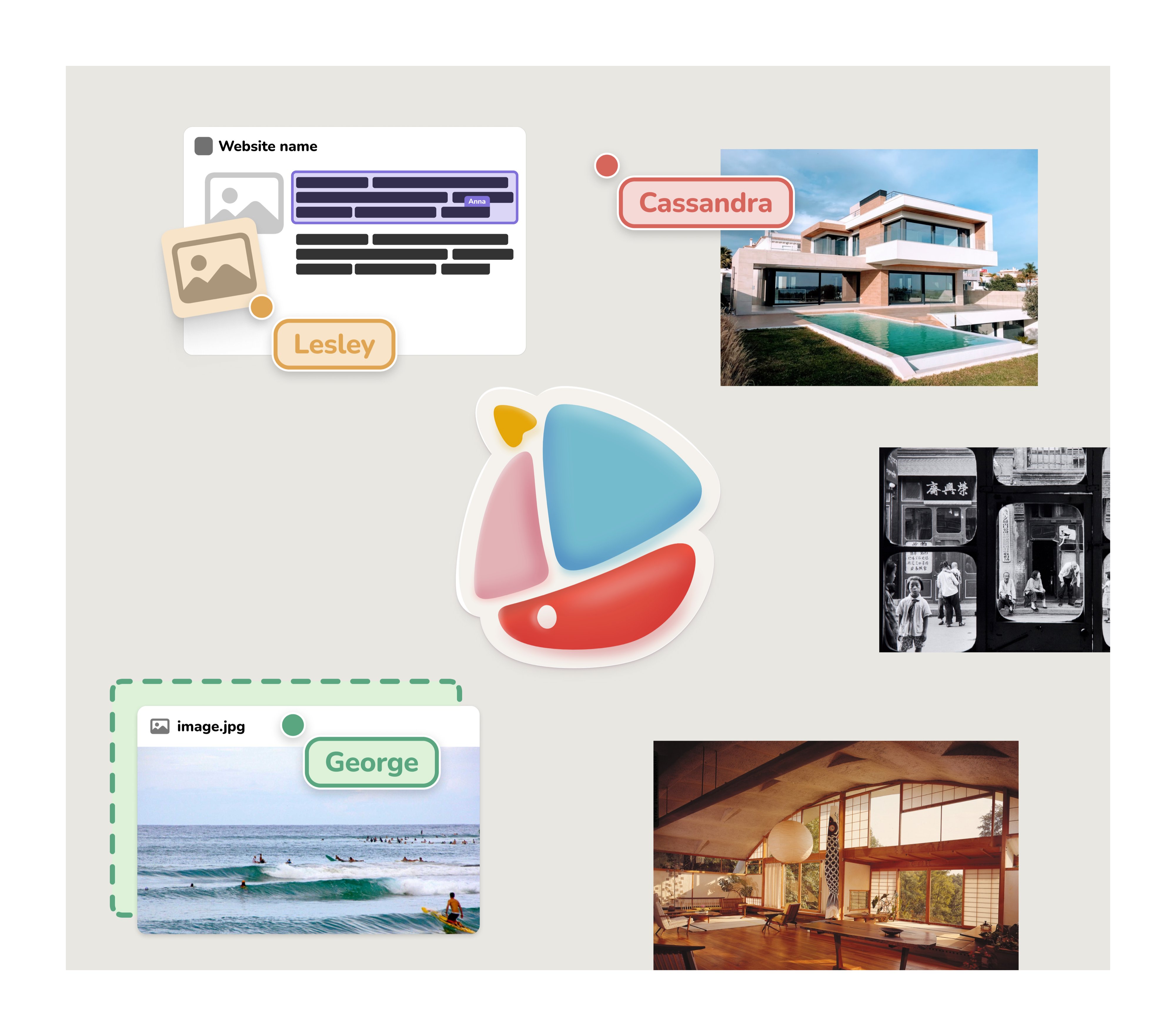 Sail board of saved websites and photos arranged around the colourful boat logo