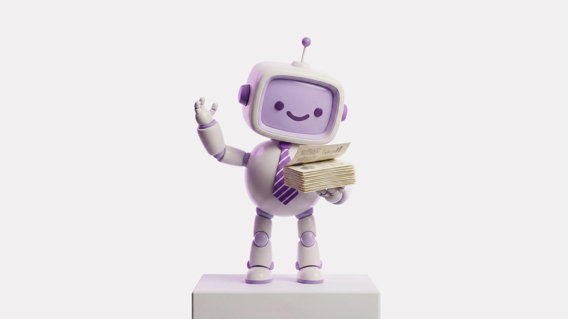 Arty mascot waving while holding a stack of paper reports
