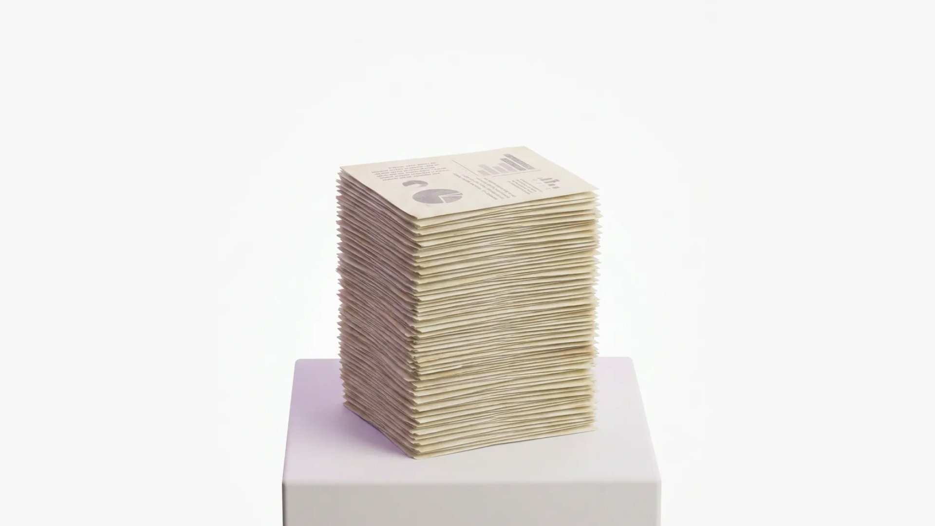 Tall stack of printed documents on a plinth
