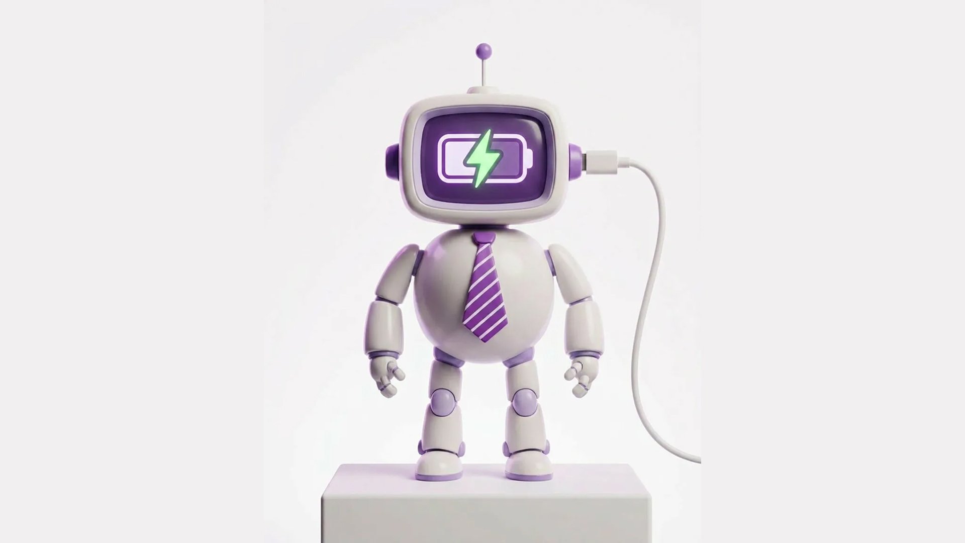 Arty mascot with a charging battery icon on its screen connected to a cable