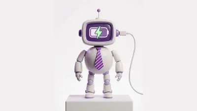 Arty mascot with a charging battery icon on its screen connected to a cable – arty
