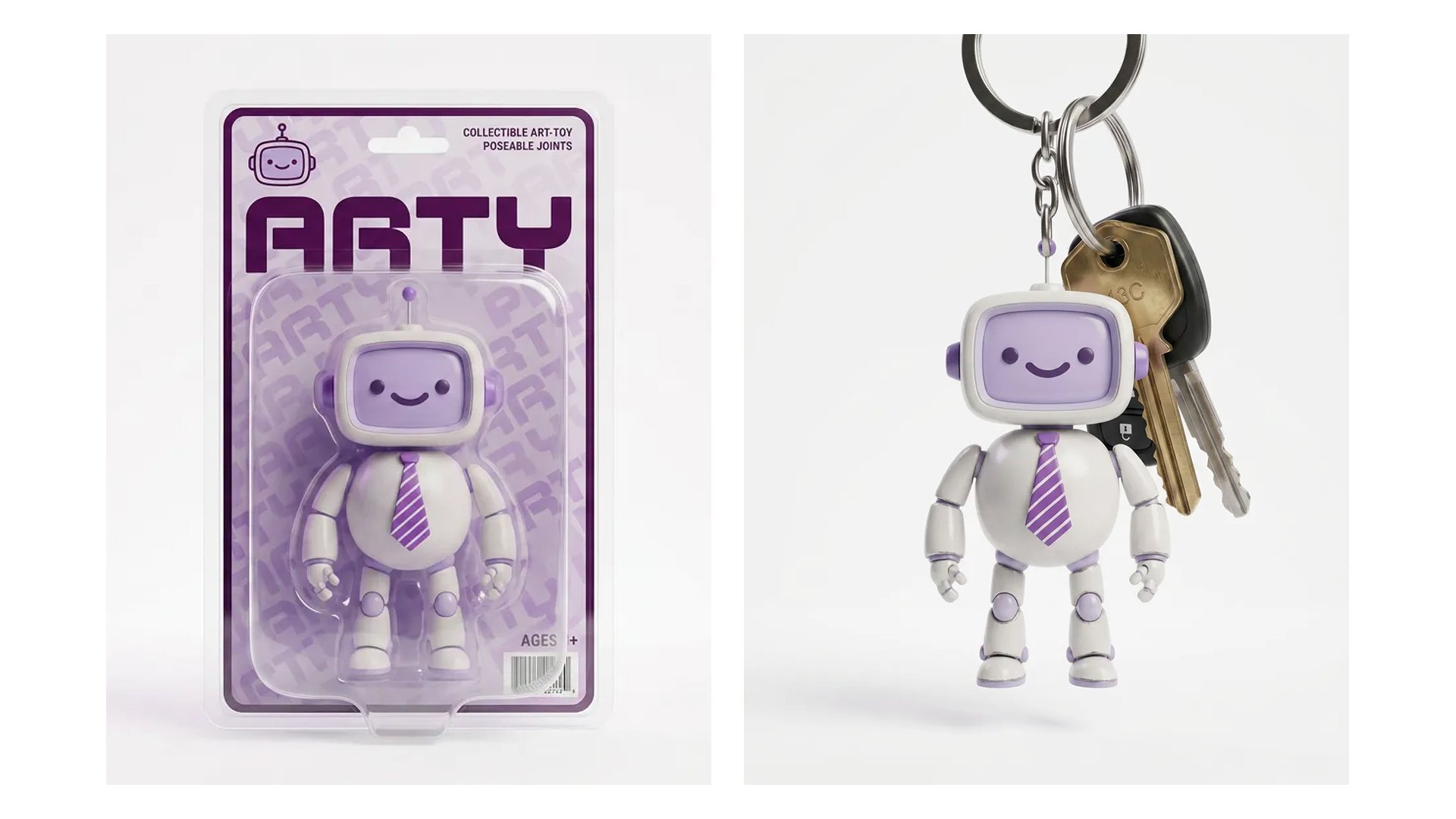 Arty collectible art-toy in blister packaging and as a keyring on keys