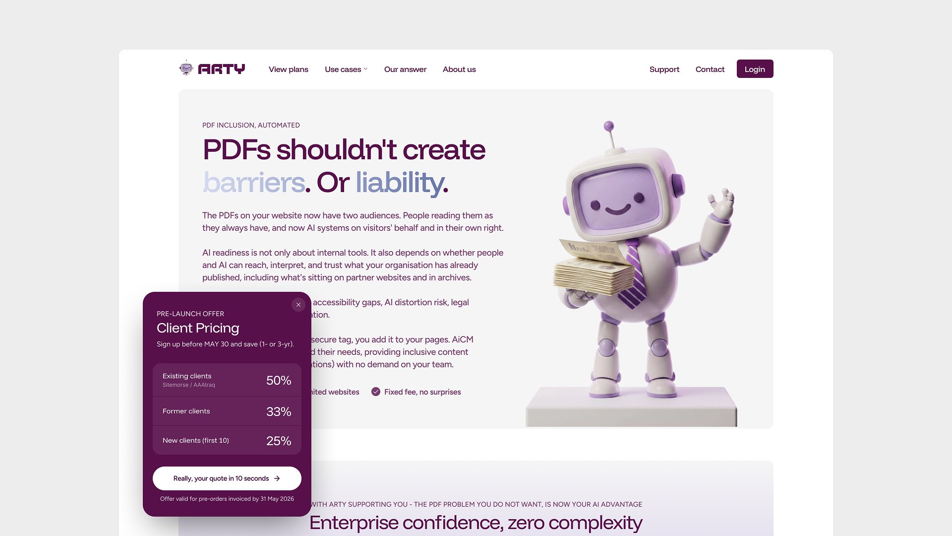 Arty marketing site hero with PDFs should not create barriers headline and pricing popup