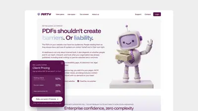 Arty marketing site hero with PDFs should not create barriers headline and pricing popup – arty
