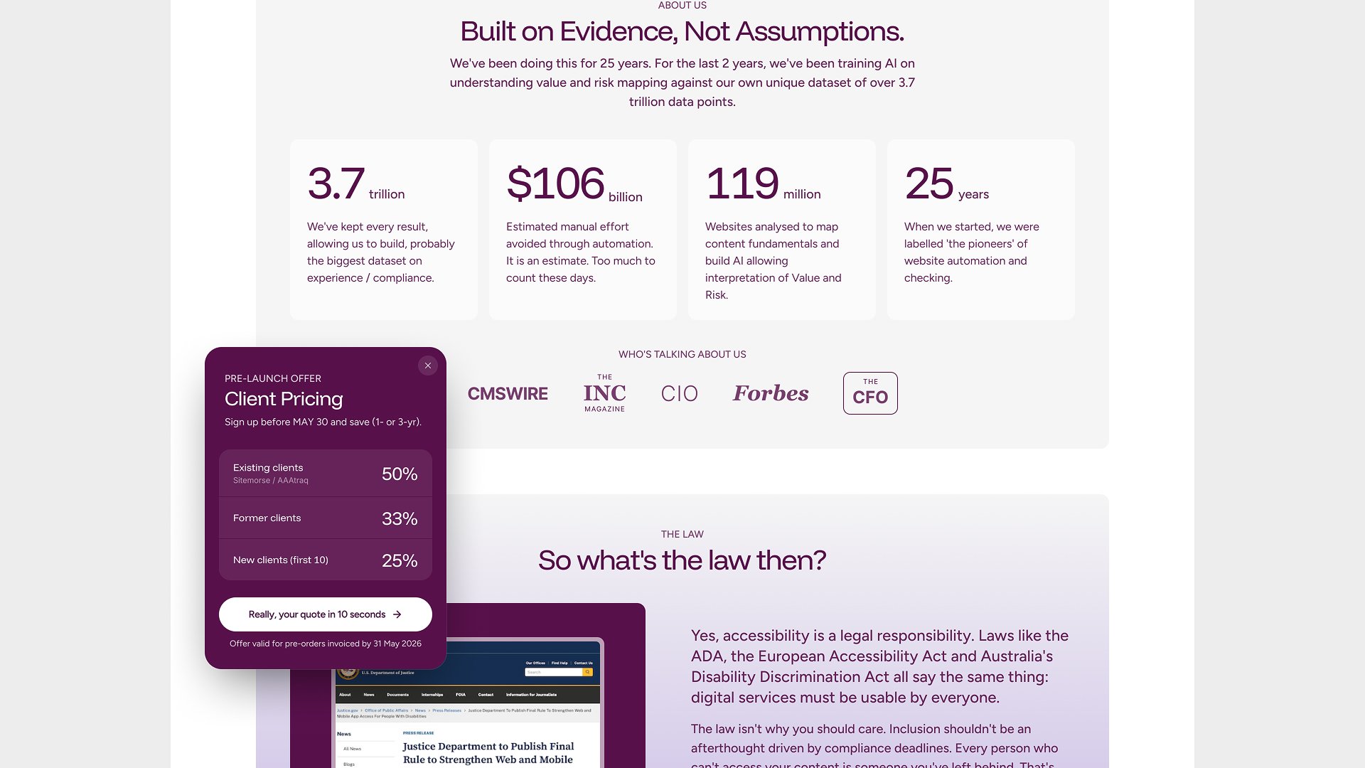 Arty site About Us section with statistics and press logos