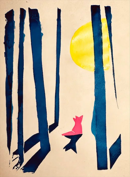 Blue ink print of tree trunks with a small pink bird.