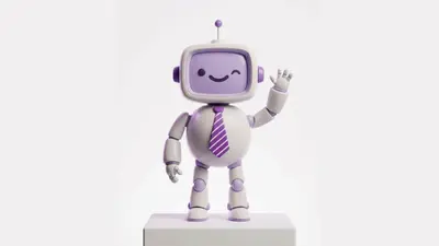 Arty mascot waving while standing on a plinth, wearing a purple tie – arty