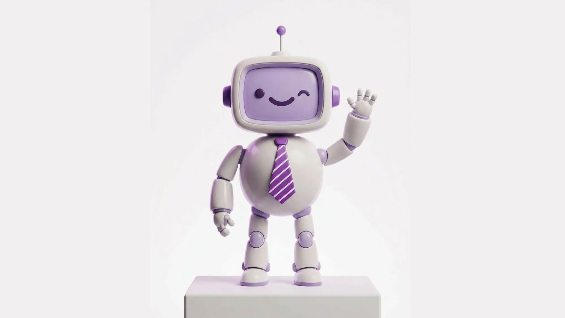 Arty mascot waving while standing on a plinth, wearing a purple tie