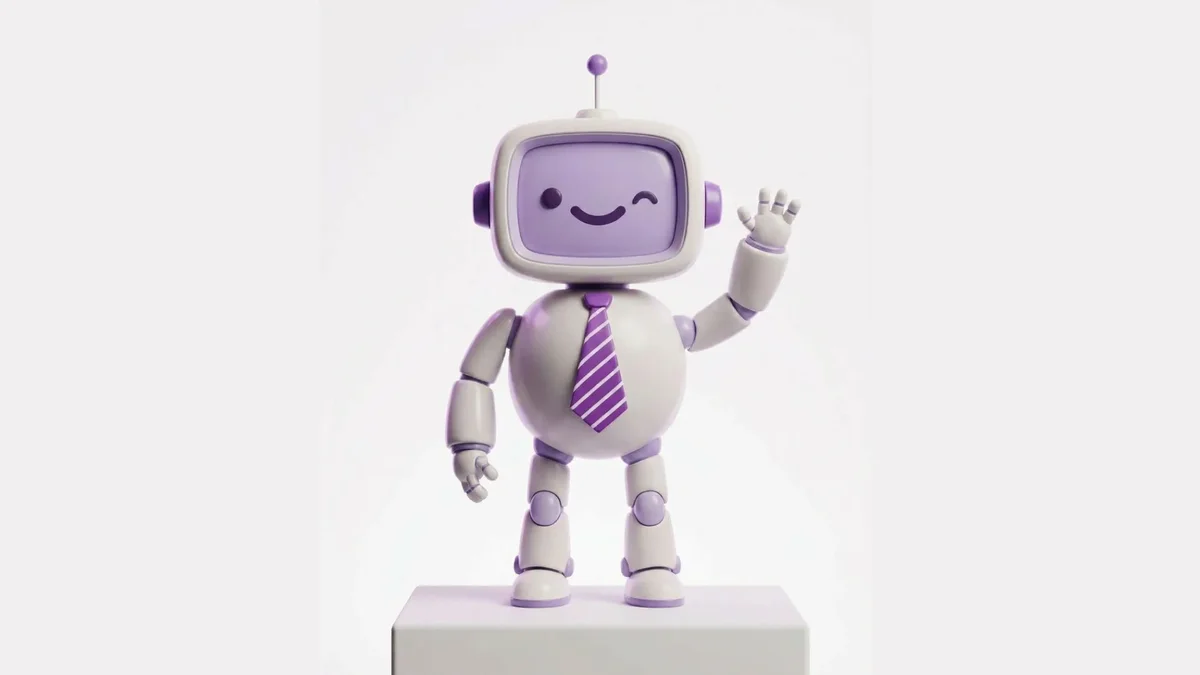arty – Arty mascot waving while standing on a plinth, wearing a purple tie