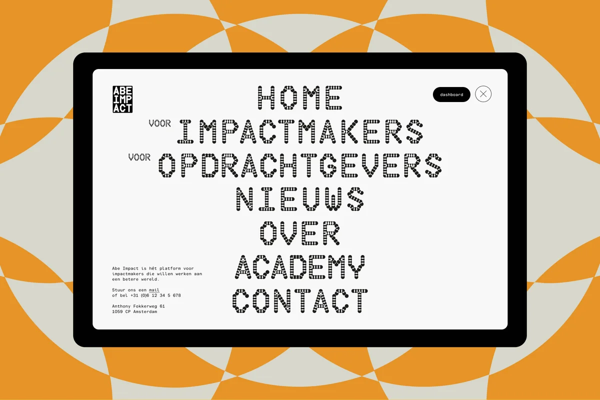 abe-impact – Abe Impact navigation menu on tablet over orange pattern