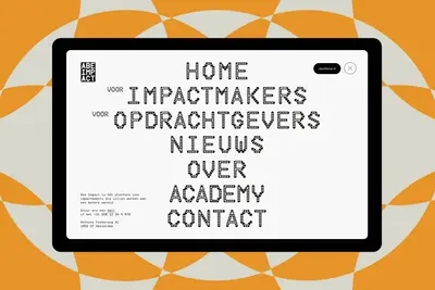 Abe Impact navigation menu on tablet over orange pattern – abe-impact