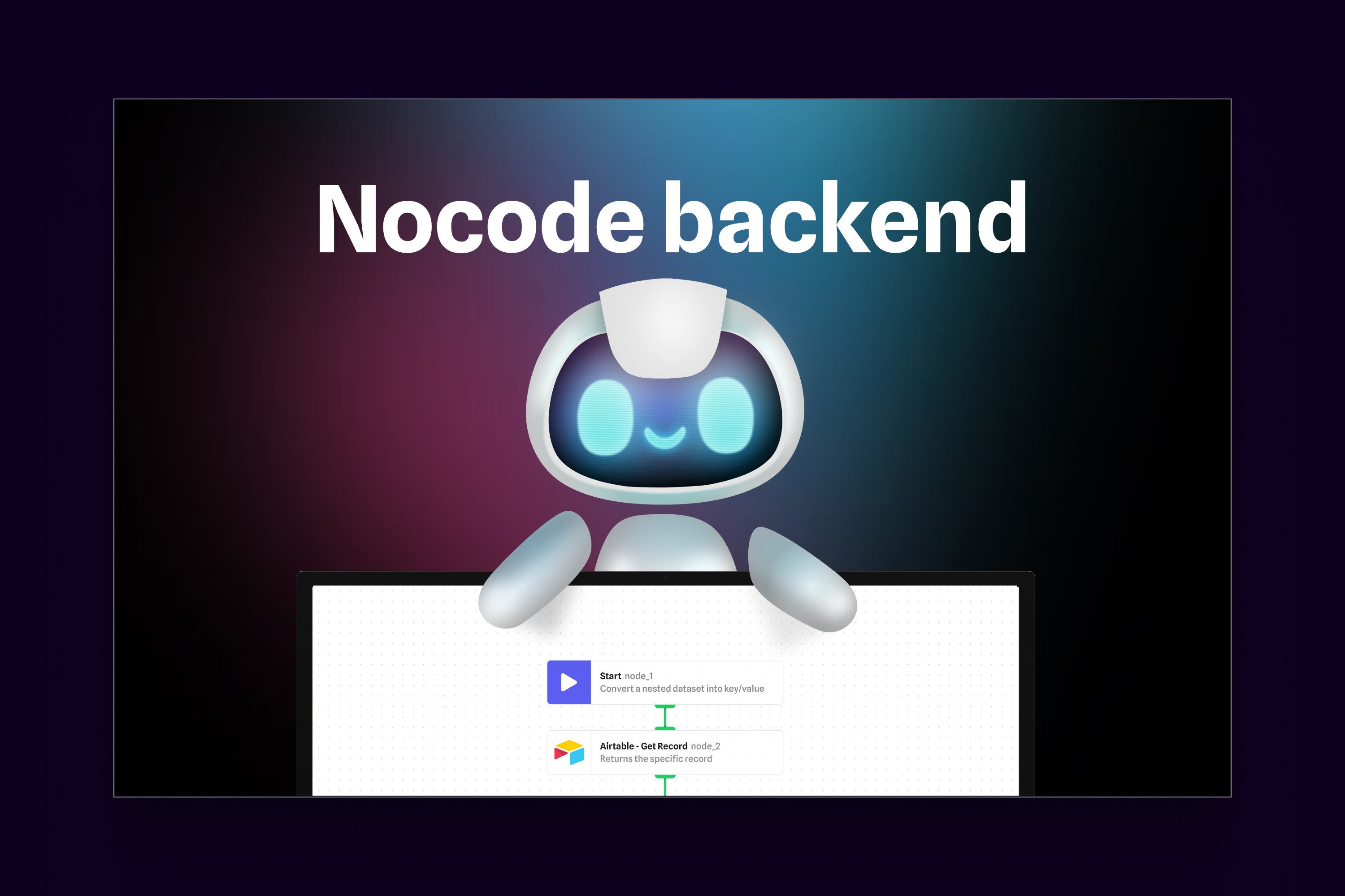 Alphi nocode backend graphic with robot mascot and flow nodes