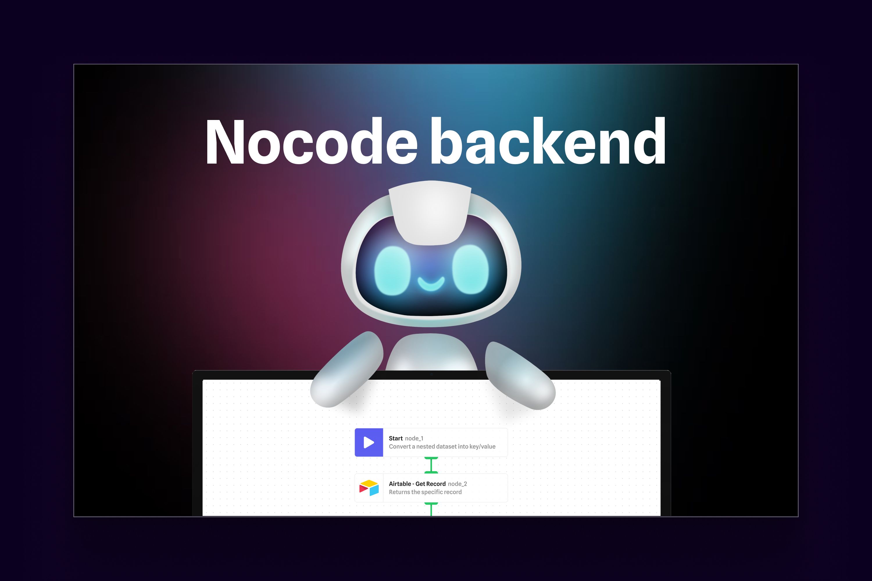 Alphi nocode backend graphic with robot mascot and flow nodes