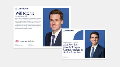 Cleargate Capital Partners announcement cards — a Will Ritchie founding-partner bio beside a new-hire card introducing Jake Ross as Senior Associate, each pairing a navy headshot with the brand mark – cleargate