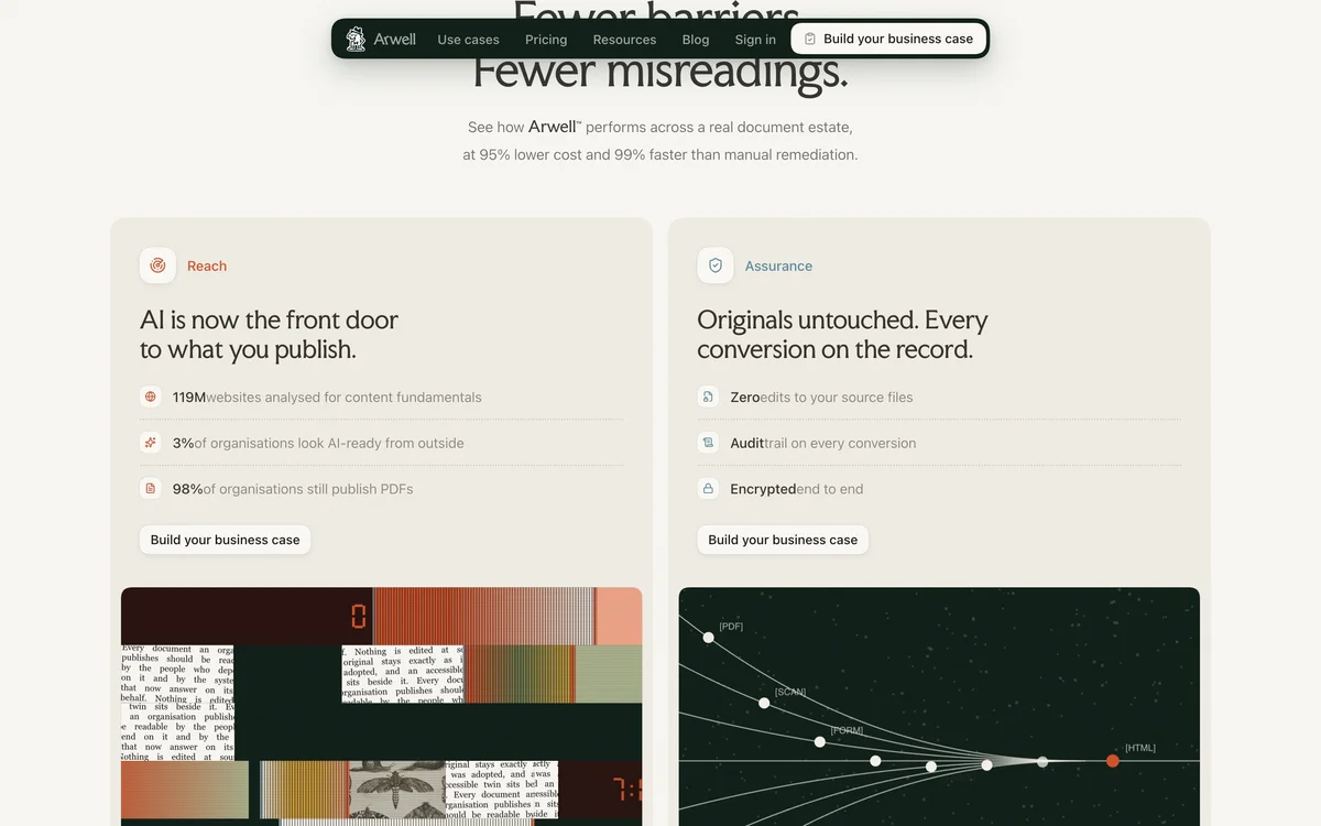arwell – Reach and Assurance cards with statistics above two generated collages of scanned text and colour grids