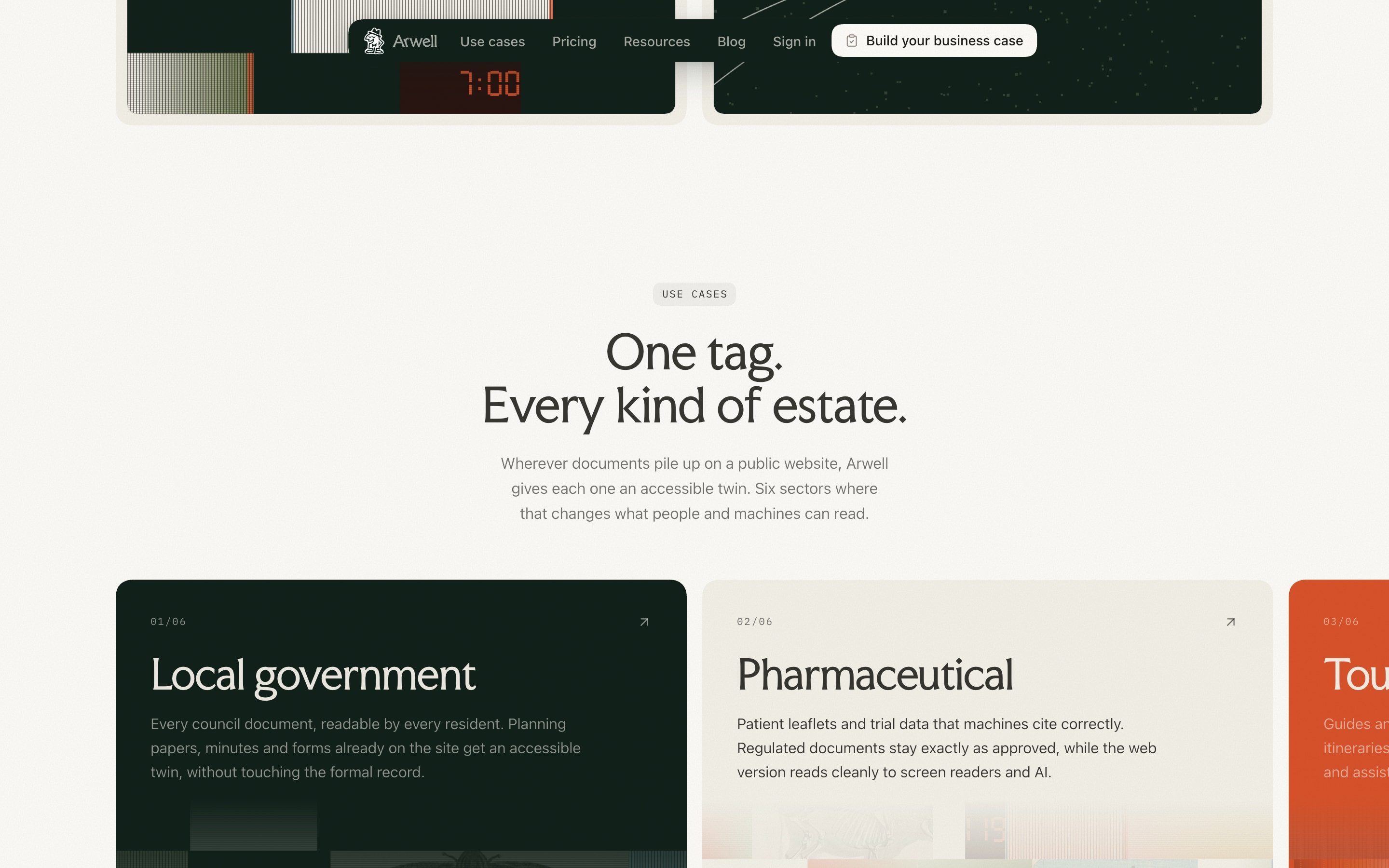 The use-case row on the home page: a strip of generated collages above Local government and Pharmaceutical cards