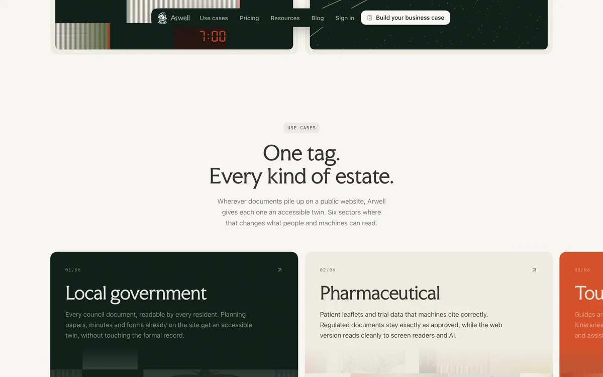 arwell – The use-case row on the home page: a strip of generated collages above Local government and Pharmaceutical cards