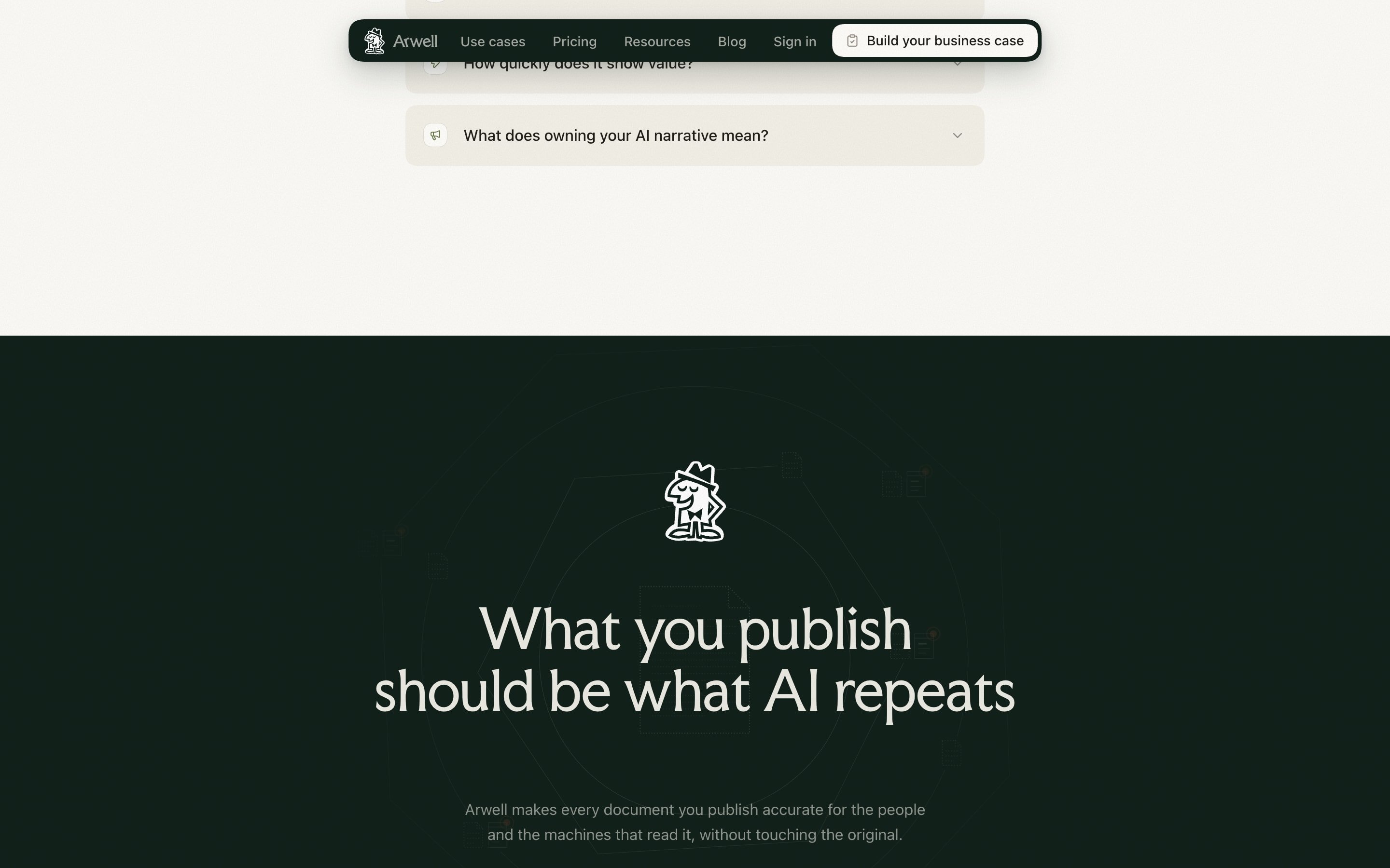 Closing section on deep green: What you publish should be what AI repeats, with the emblem above