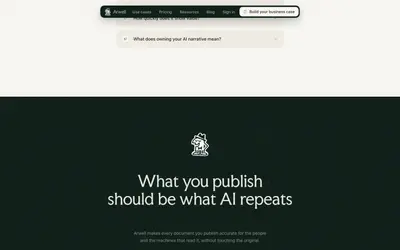 Closing section on deep green: What you publish should be what AI repeats, with the emblem above – arwell