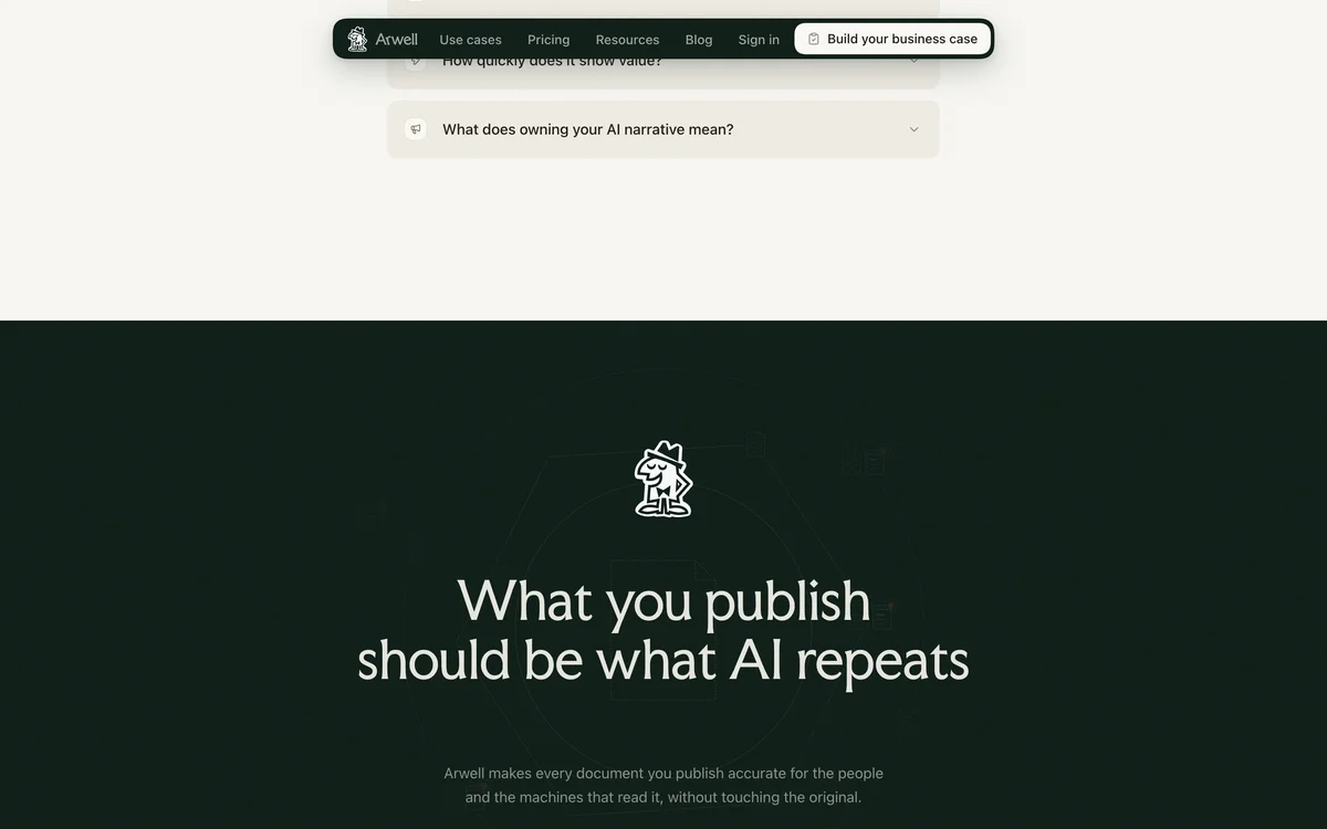 arwell – Closing section on deep green: What you publish should be what AI repeats, with the emblem above