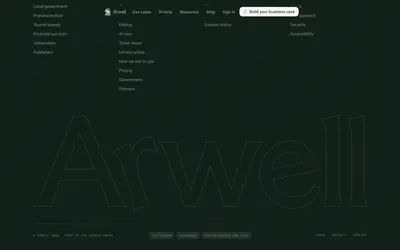 The footer on deep green with the site map and a giant outlined Arwell wordmark – arwell