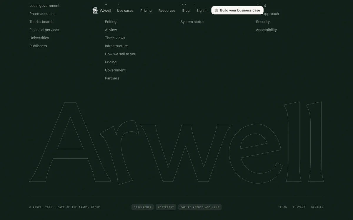 arwell – The footer on deep green with the site map and a giant outlined Arwell wordmark