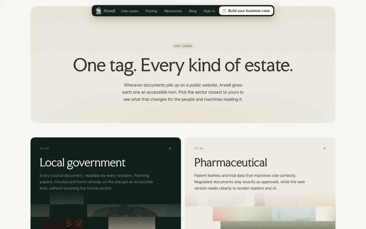 arwell – Use cases index, One tag. Every kind of estate, with sector cards below