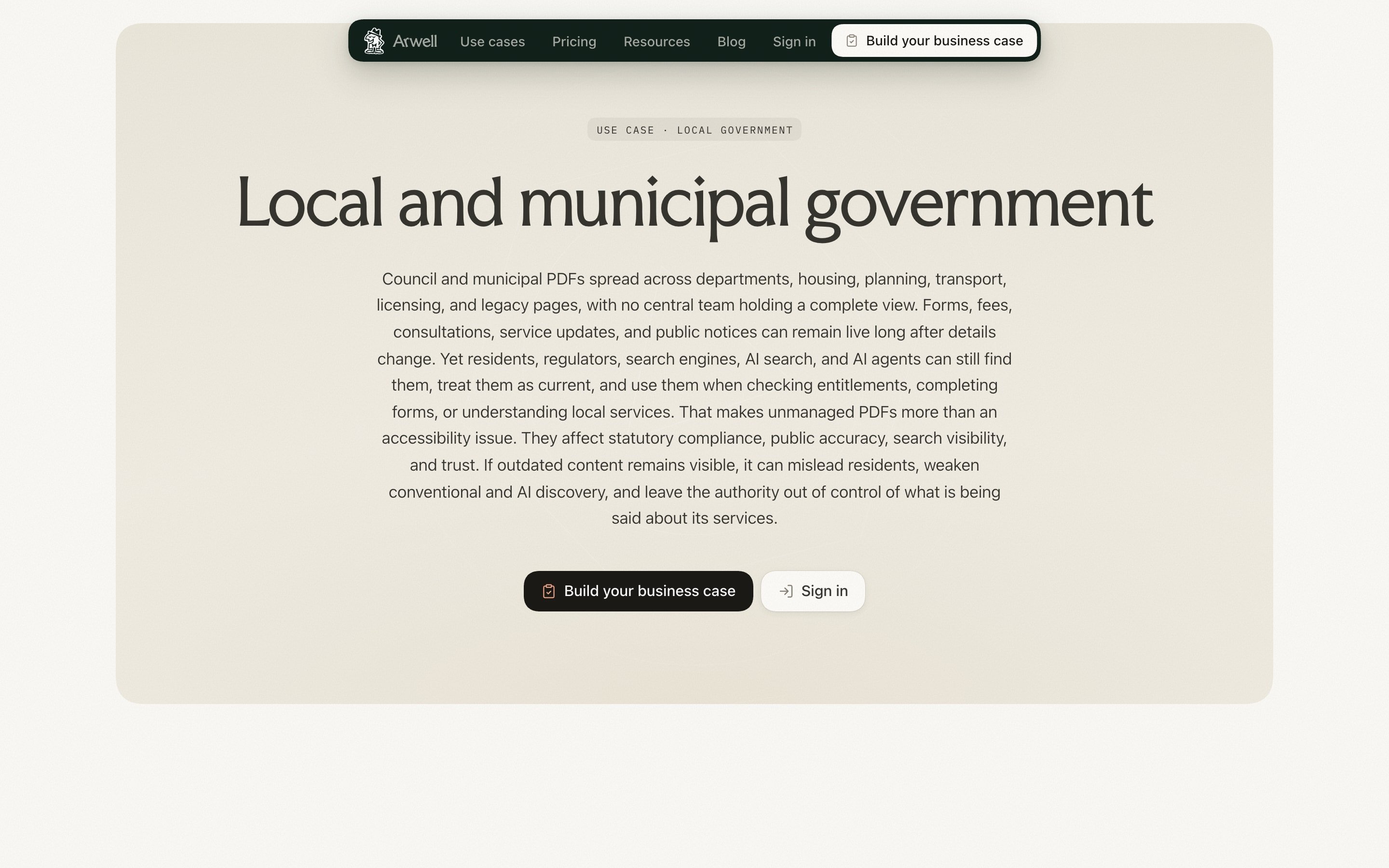 Local and municipal government use case with a long introduction on a sand card