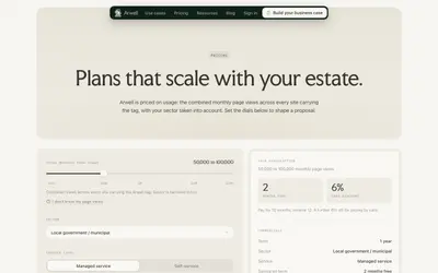 Pricing page with dials for monthly page views, sector, service level, term and payment type beside a subscription summary – arwell