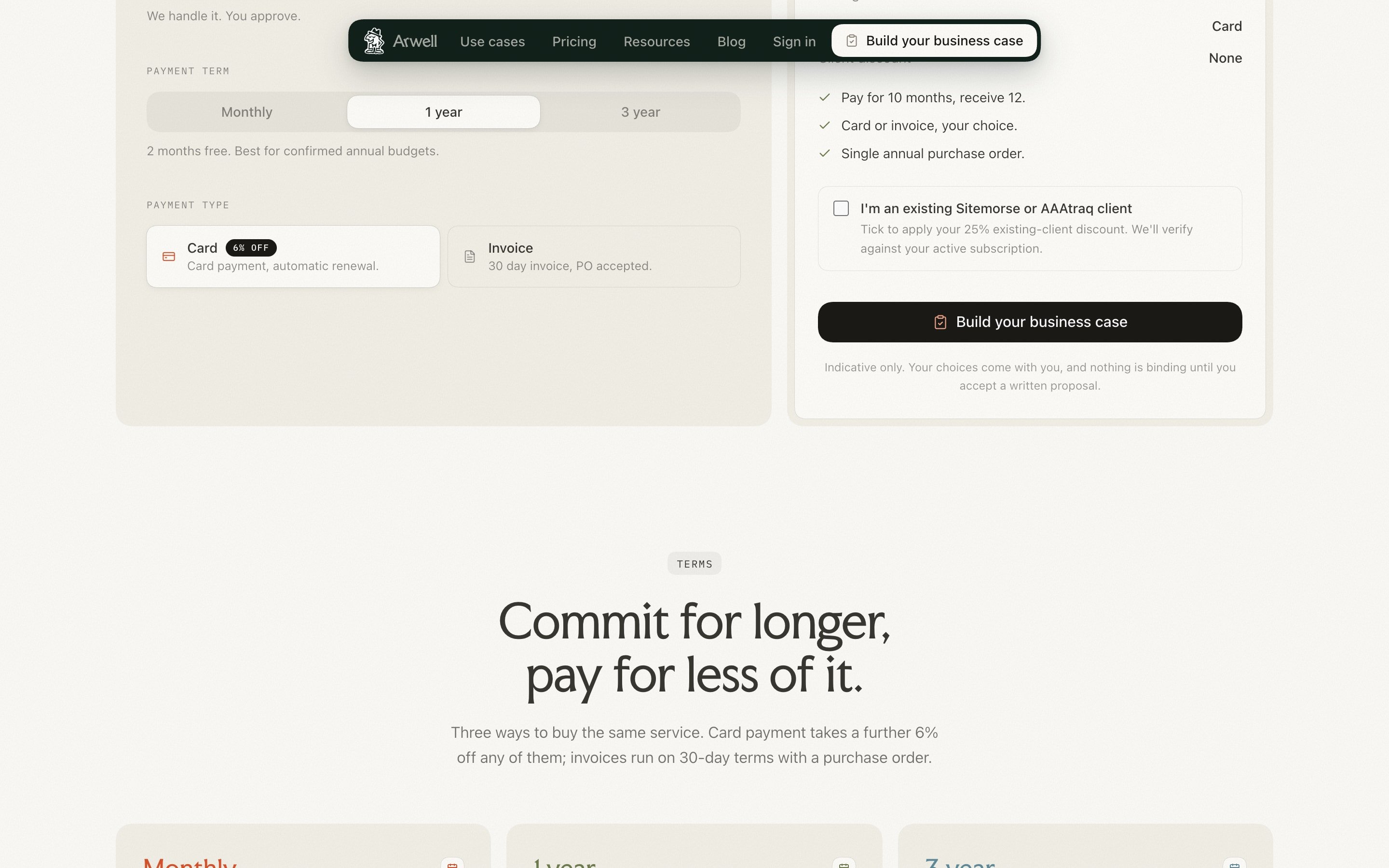 Three term cards, monthly, one year and three year, under Commit for longer, pay for less of it