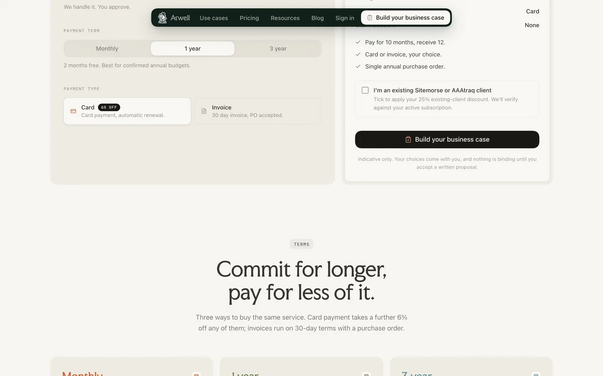 arwell – Three term cards, monthly, one year and three year, under Commit for longer, pay for less of it