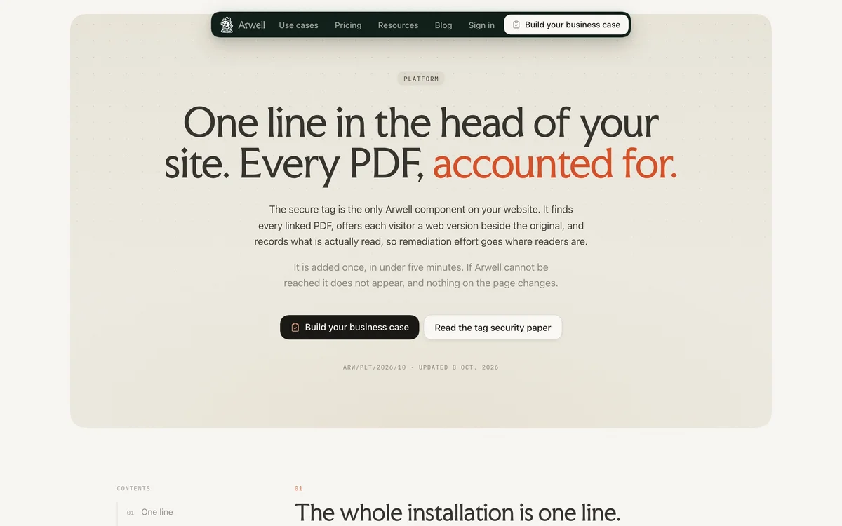 arwell – Platform page for the secure tag: One line in the head of your site. Every PDF, accounted for