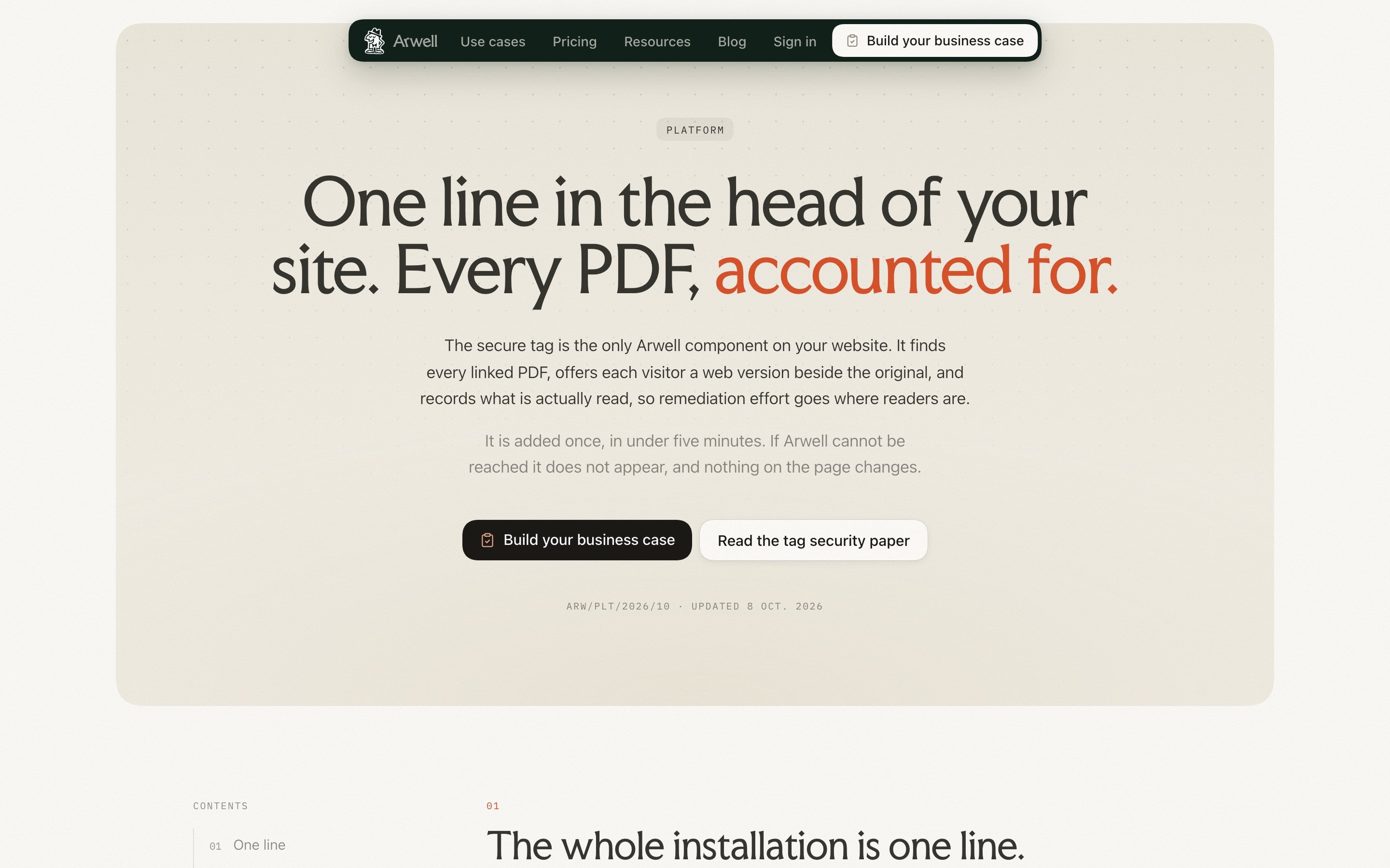 Platform page for the secure tag: One line in the head of your site. Every PDF, accounted for