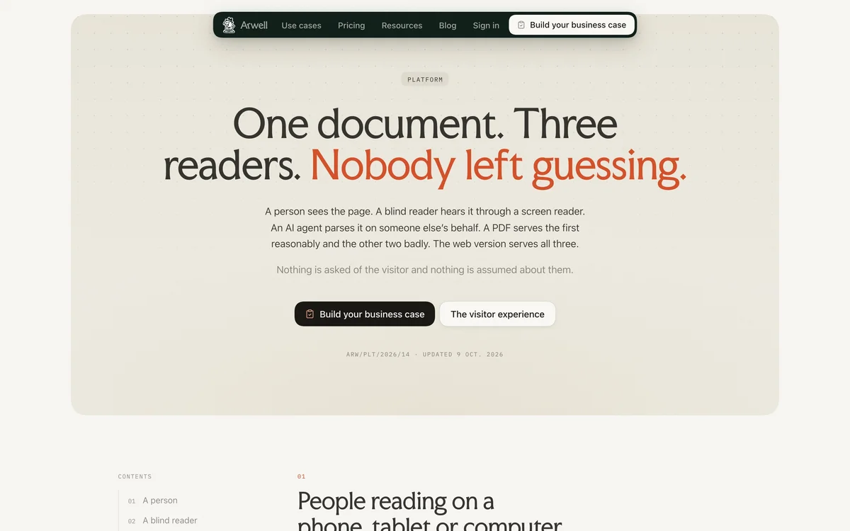 arwell – Platform page on three readers of one document, with a contents list and reference number