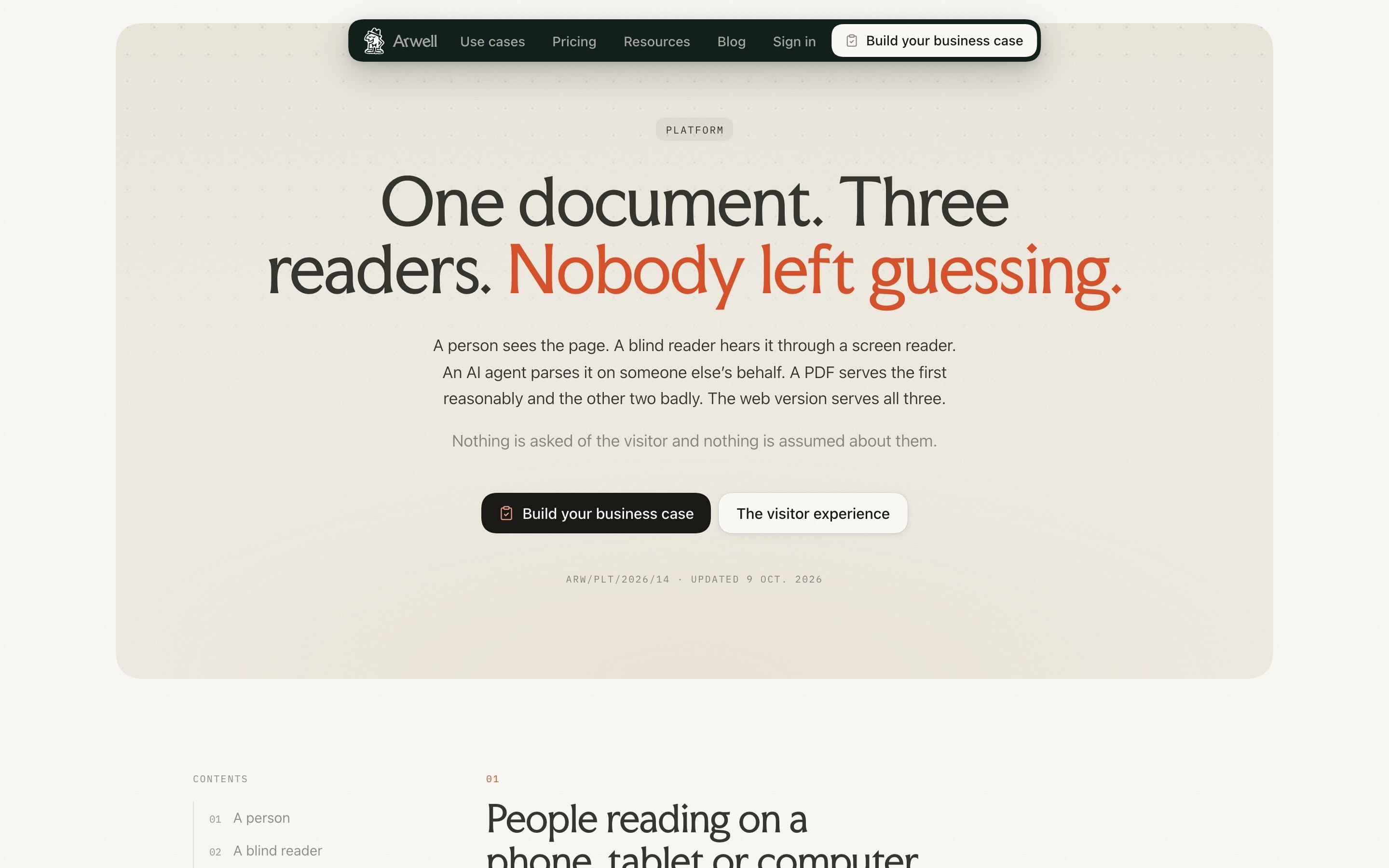 Platform page on three readers of one document, with a contents list and reference number