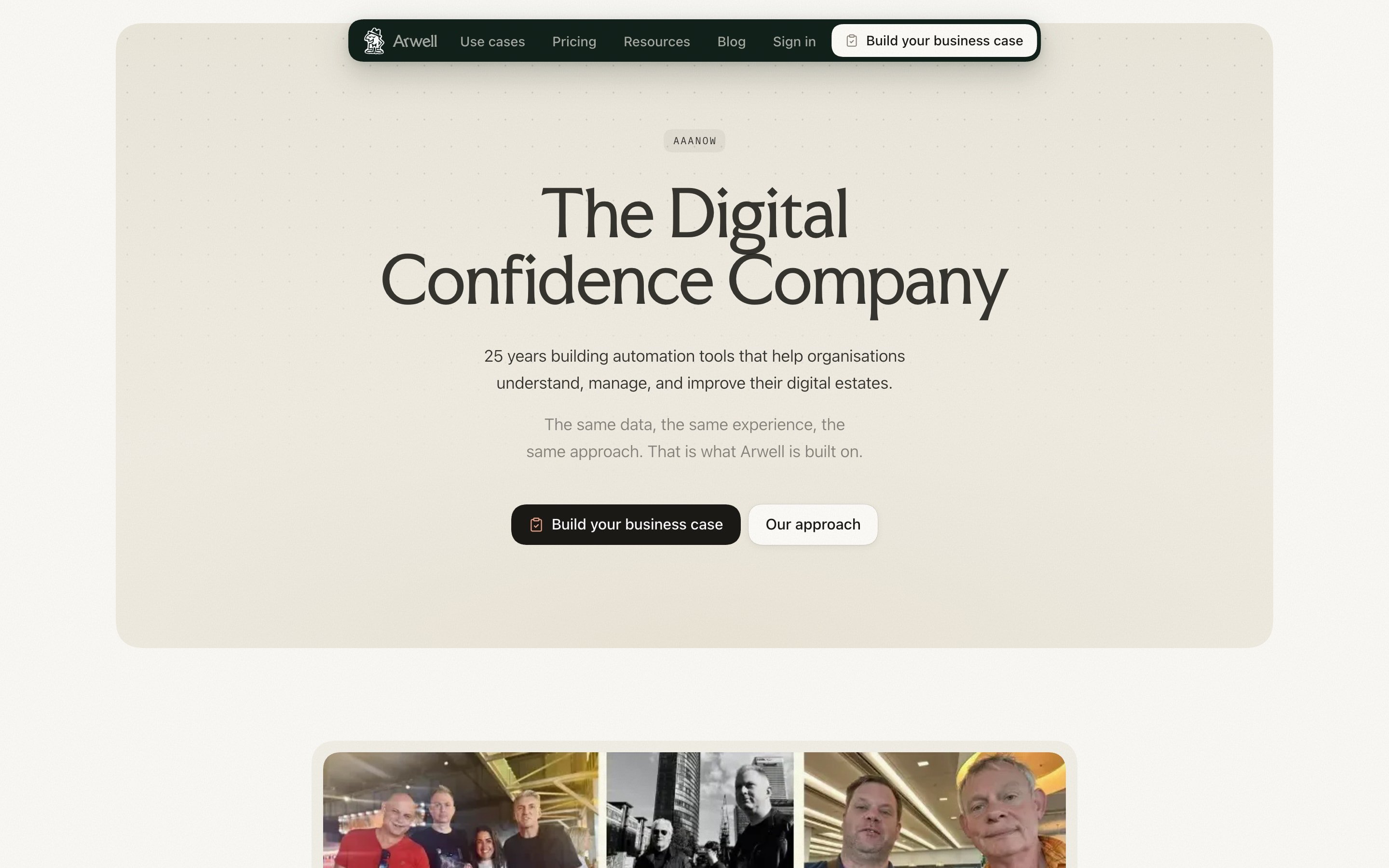 About page opening on AAAnow, The Digital Confidence Company, above a grid of team photographs