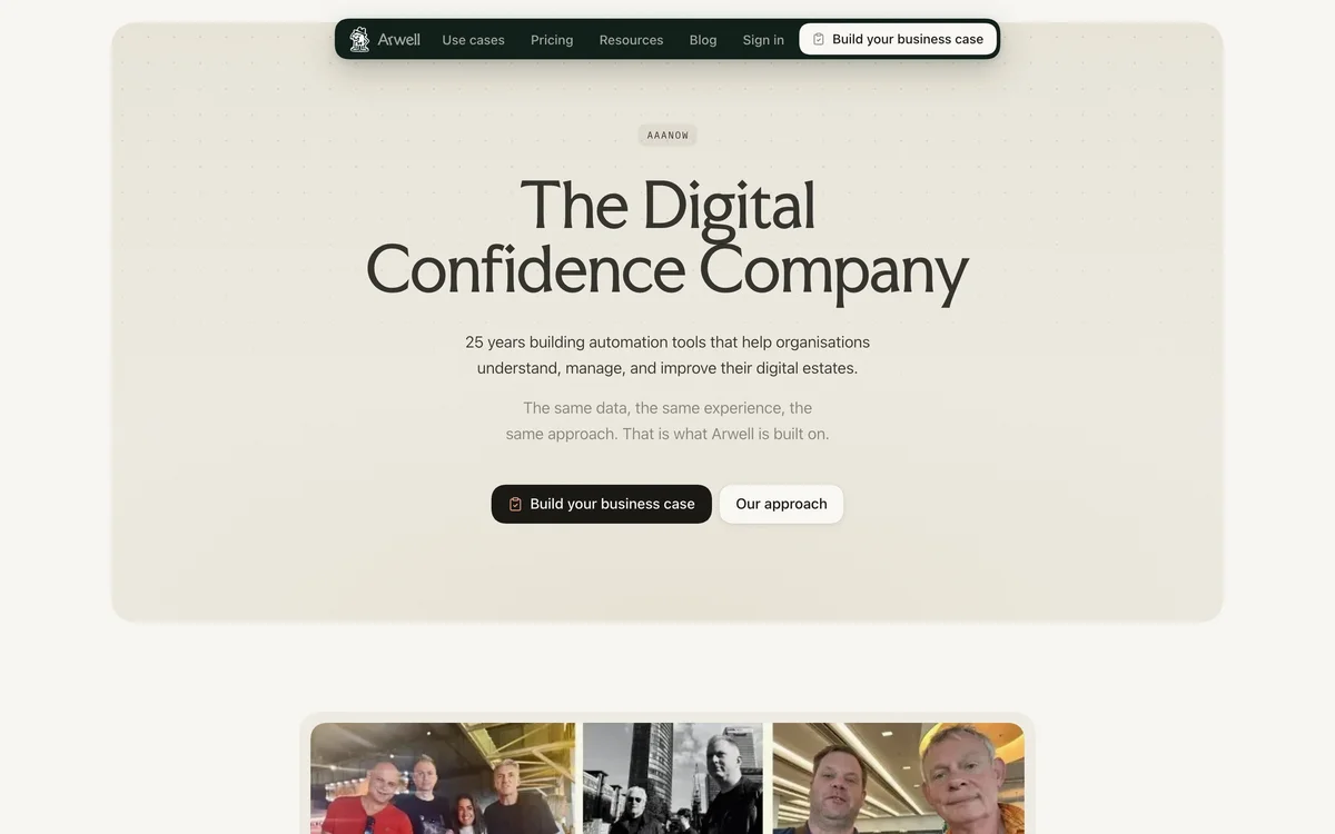 arwell – About page opening on AAAnow, The Digital Confidence Company, above a grid of team photographs