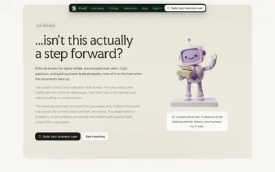 Our approach page with the Arty robot greeting visitors in a speech bubble – arwell