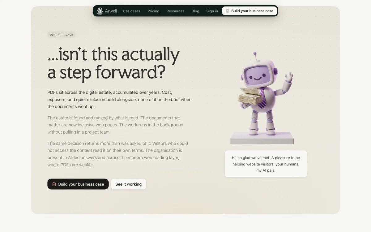 arwell – Our approach page with the Arty robot greeting visitors in a speech bubble