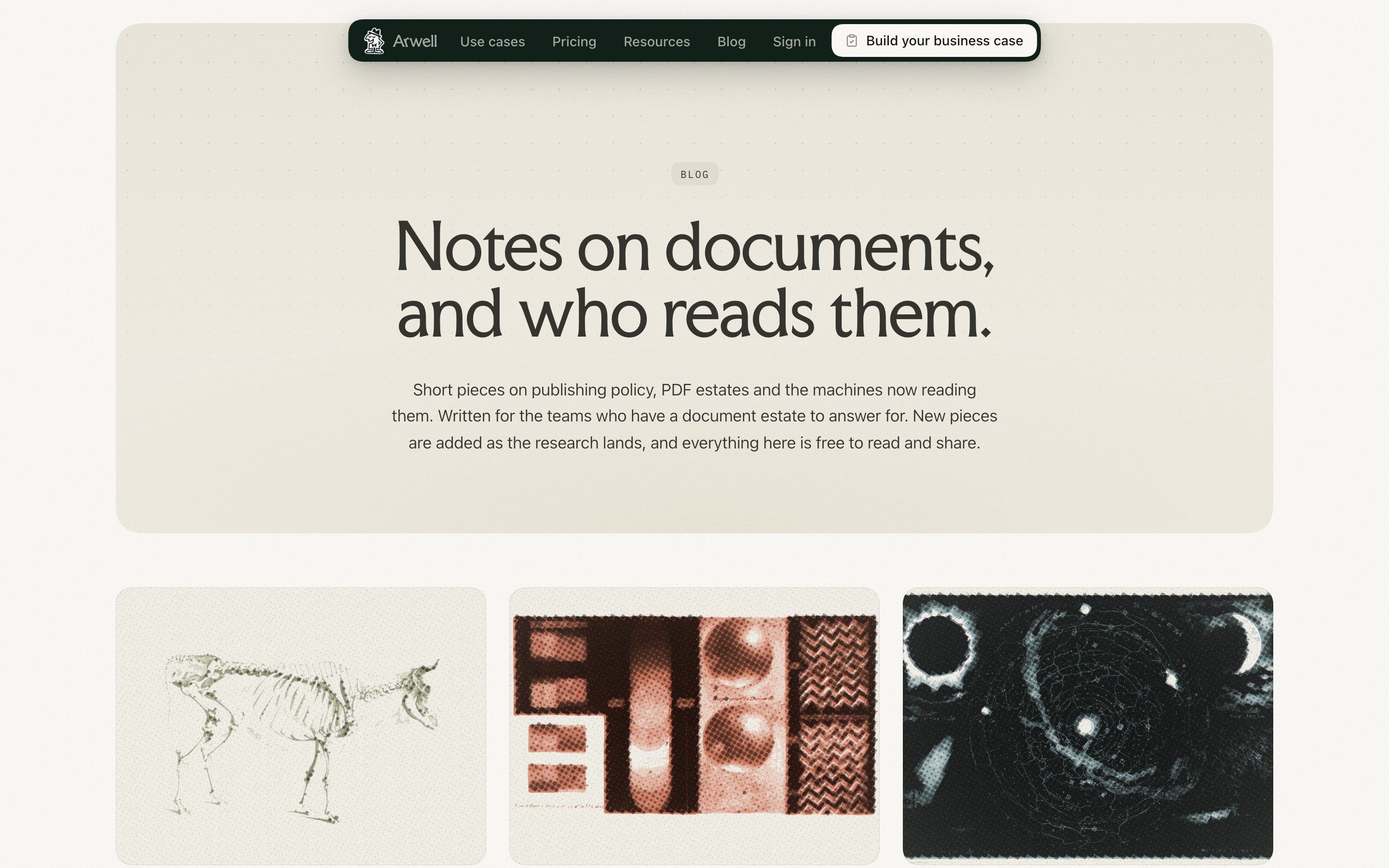 Blog index, Notes on documents and who reads them, with engravings of a skeleton, a pattern and the moon