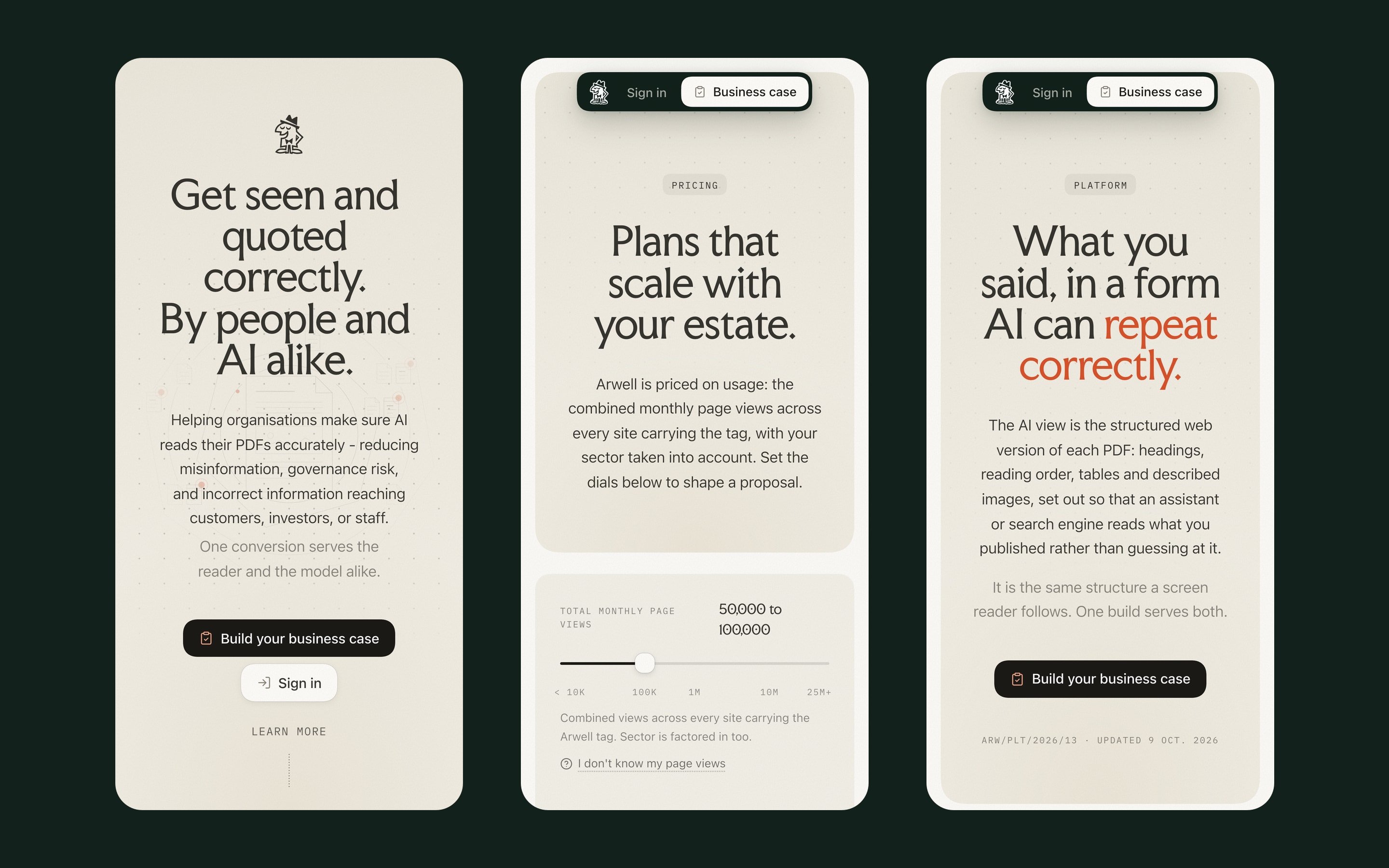 The home, pricing and AI view pages on three phone screens against deep green