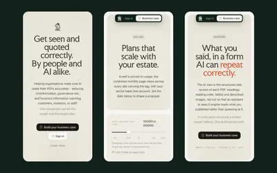The home, pricing and AI view pages on three phone screens against deep green – arwell