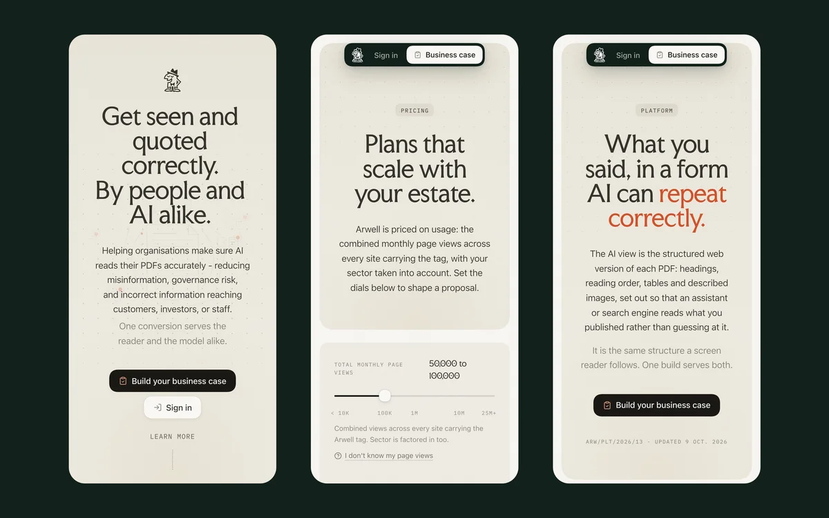 arwell – The home, pricing and AI view pages on three phone screens against deep green