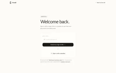 The sign-in page, Welcome back, offering a magic link or a passkey – arwell
