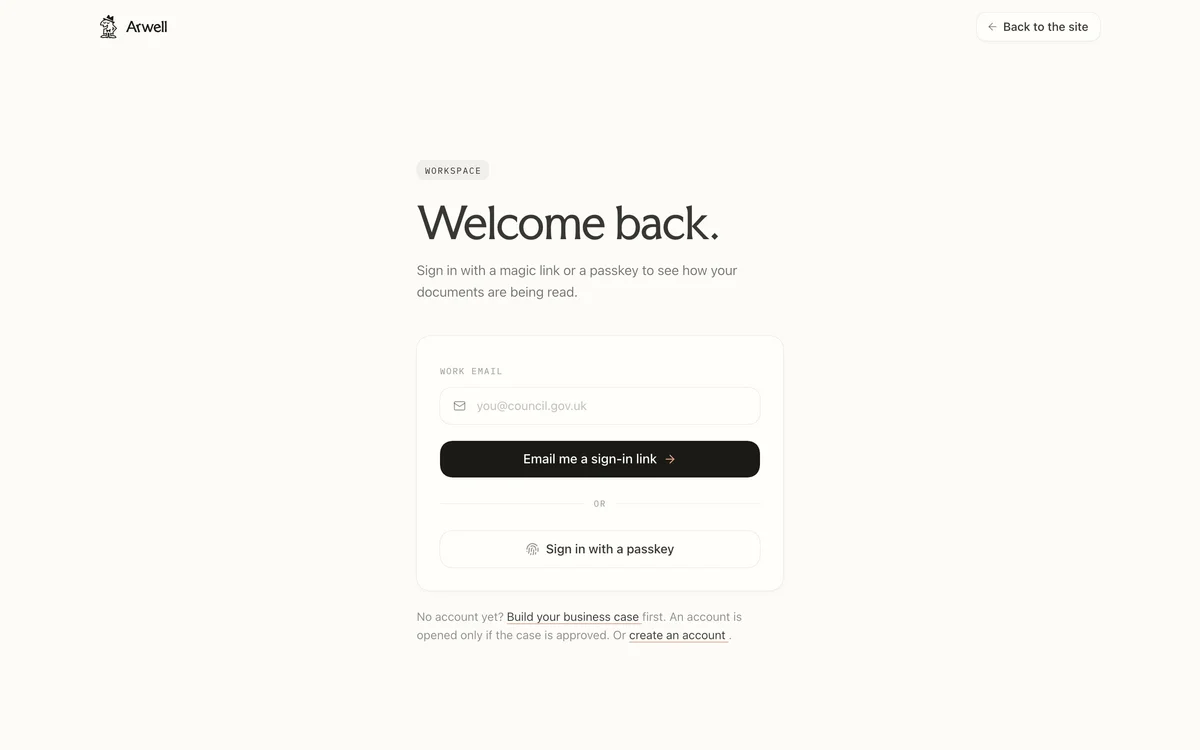 arwell – The sign-in page, Welcome back, offering a magic link or a passkey