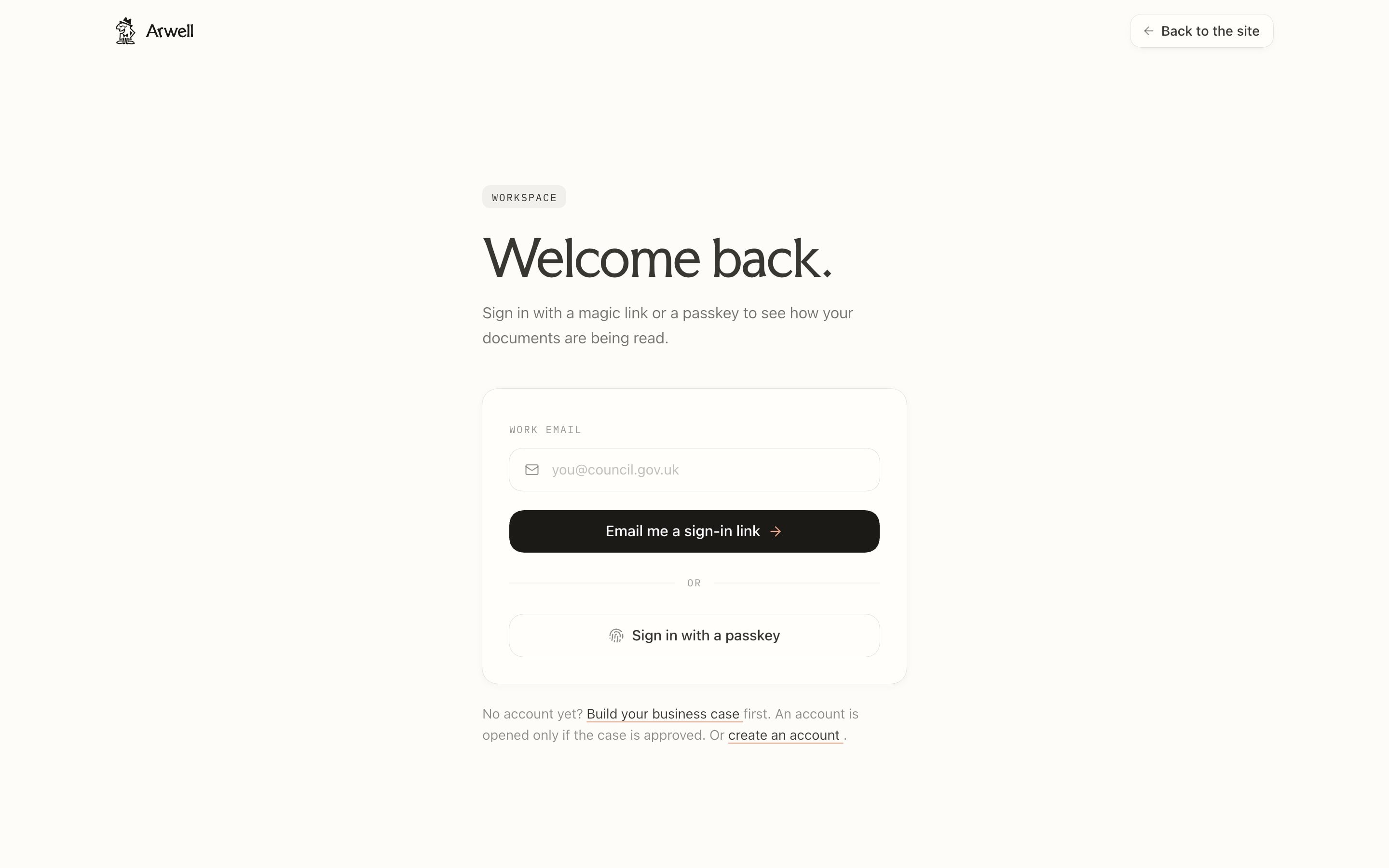 The sign-in page, Welcome back, offering a magic link or a passkey