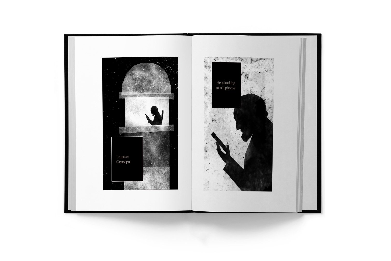 Boy and the Star book spread with black and white silhouette illustrations