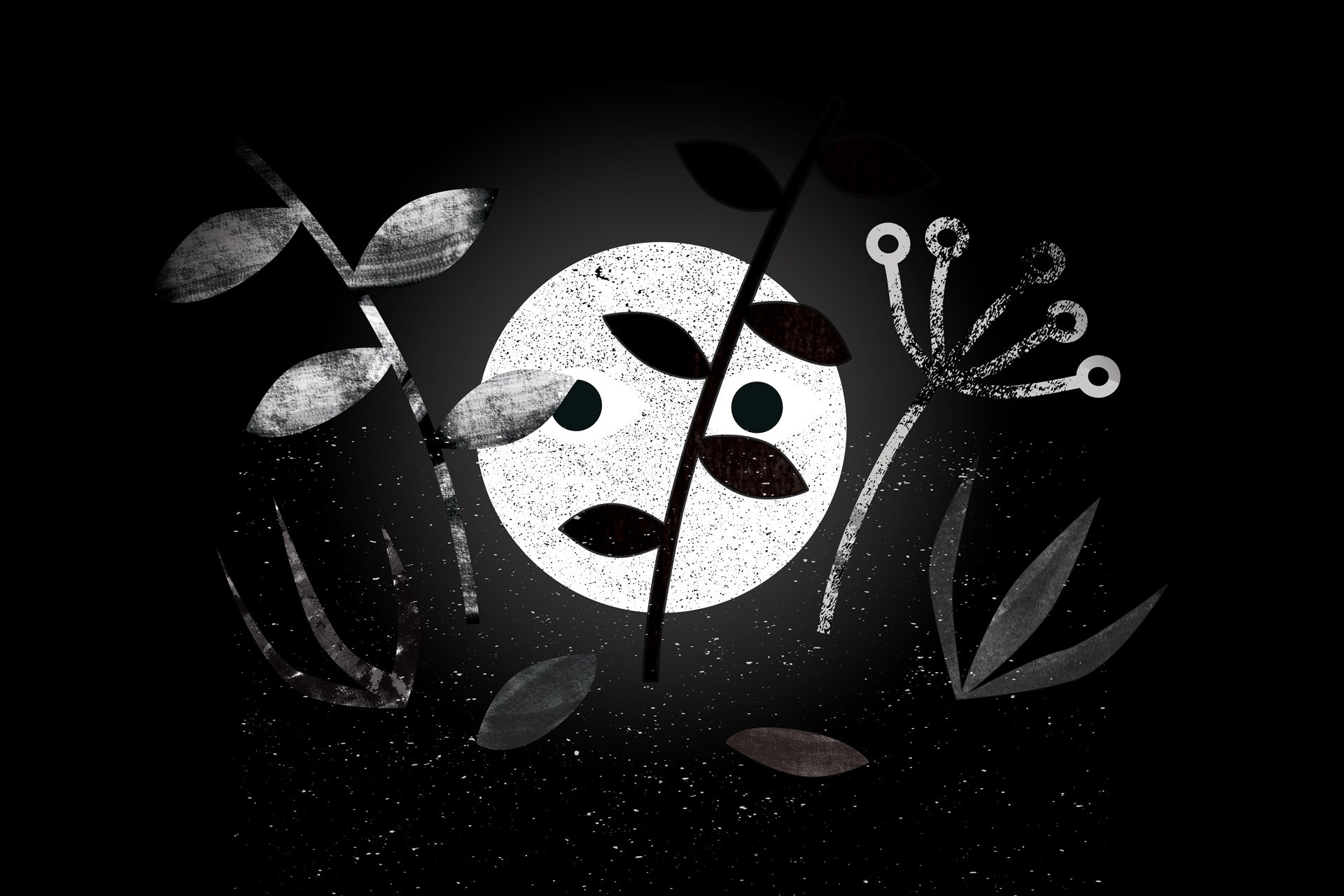 Boy and the Star illustration of a glowing moon among dark plants