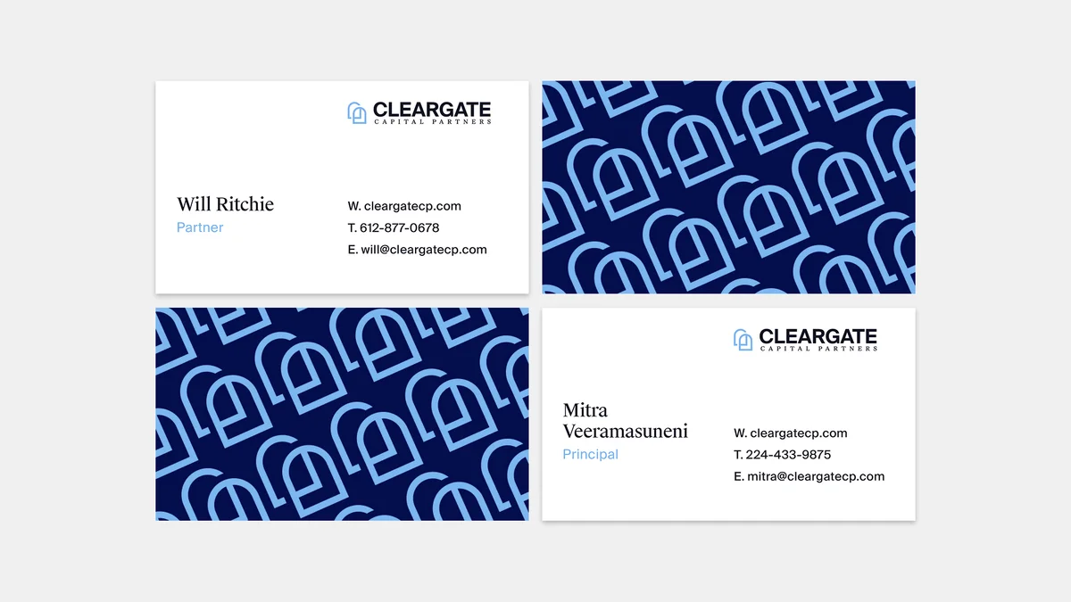 cleargate – Cleargate Capital Partners business cards — white fronts with partner details and navy backs in the repeating mark pattern