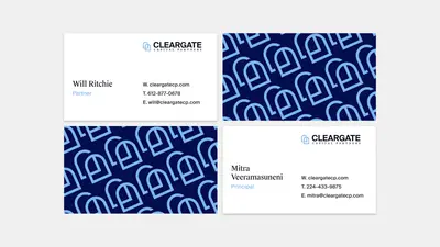 Cleargate Capital Partners business cards — white fronts with partner details and navy backs in the repeating mark pattern – cleargate